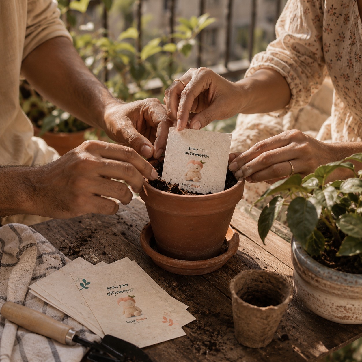 Affirmation Sheets - seed paper cards on morning desk with sprouting plant